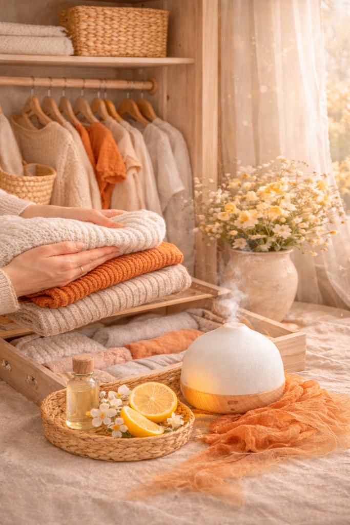 rustige lente sfeer met opgeruimde kleerkast en zelfzorgmoment