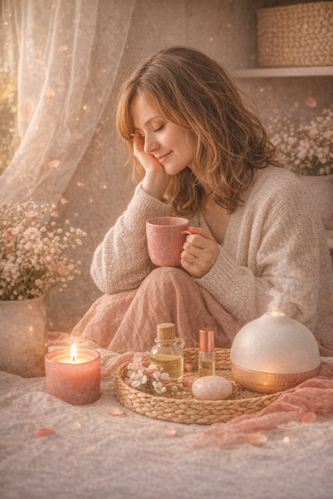 zachte lente sfeer vrouw reflectie en zelfzorg warm licht